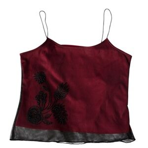 Women's Red and Black Mesh Beaded Floral Cami